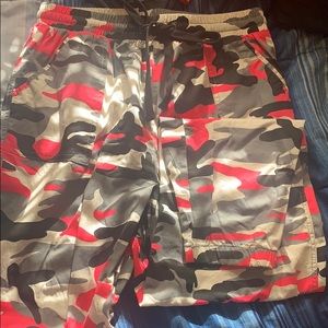 Loose fitted camouflage pants.